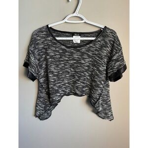 Bali Womens Black White Marled Knit Faux Leather Trim Crop Top S Edgy Grunge